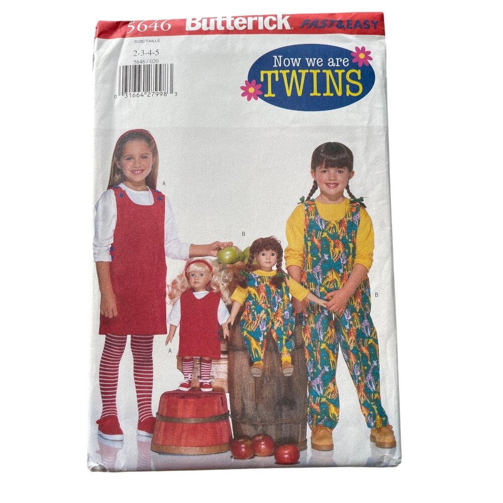 90s Butterick Sewing Pattern Sizes 2-3-4-5 Childrens Doll Jumper Jumpsuit UNCUT